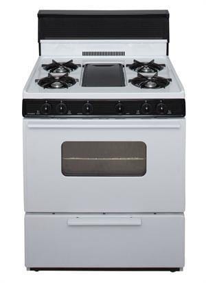 Premier Natural Gas Range/Stove Premier BFK5S9WP 30&quot; Battery Ignition Gas Range with 5 Cooktop Burners and Griddle White with Black Trim - CALL FOR AVAILABILITY