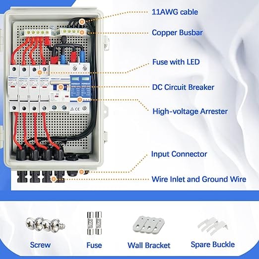Rich Solar Solar Accessories 4 - 1 String Solar Combiner Box PV Combiner Box with Surge Protection, 63A Circuit Breakers and 15A Rated Current Fuse for On/Off Grid Solar Power System, IP65 Water Resistant