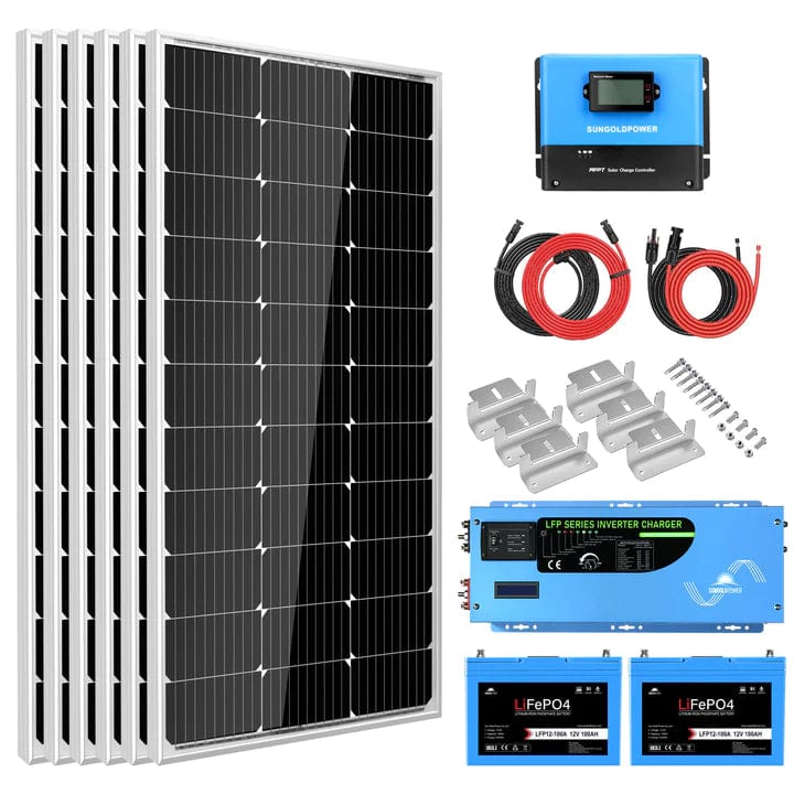 Sungold Power 2X 100AH LITHUIM BATTERY Off Grid Solar Kit 3000W Inverter 12VDC 120v Output LifePO4 Battery 600 Watt Solar Back Up Sgk-Pro3 - Free Shipping