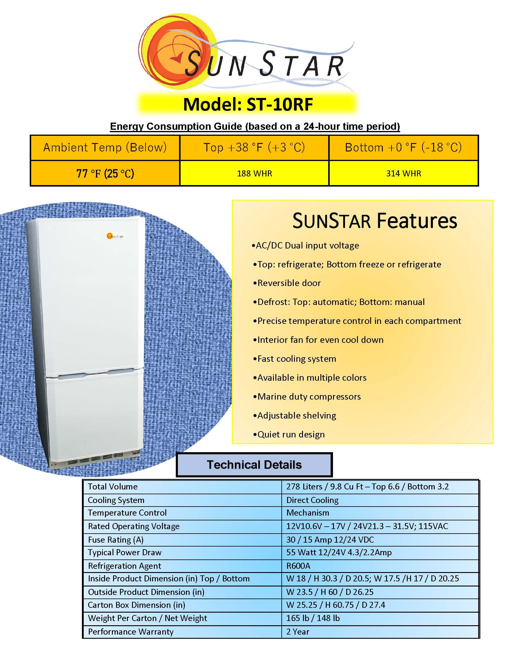 SunStar/SolarFreeze Solar Appliances Sunstar ST-10RFB Dual Power Solar (DC) and Grid (AC) Powered 10 cu ft Refrigerator-Freezer in Black