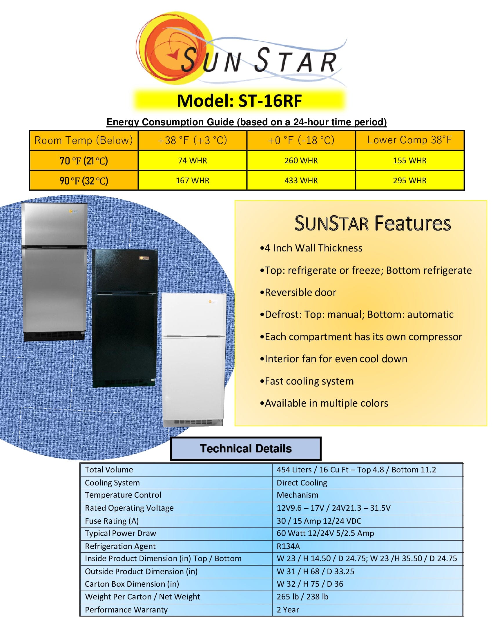 Sunstar ST-16RFB 16 cu. ft. Low Voltage Solar DC Powered  Refrigerator-Freezer in Black