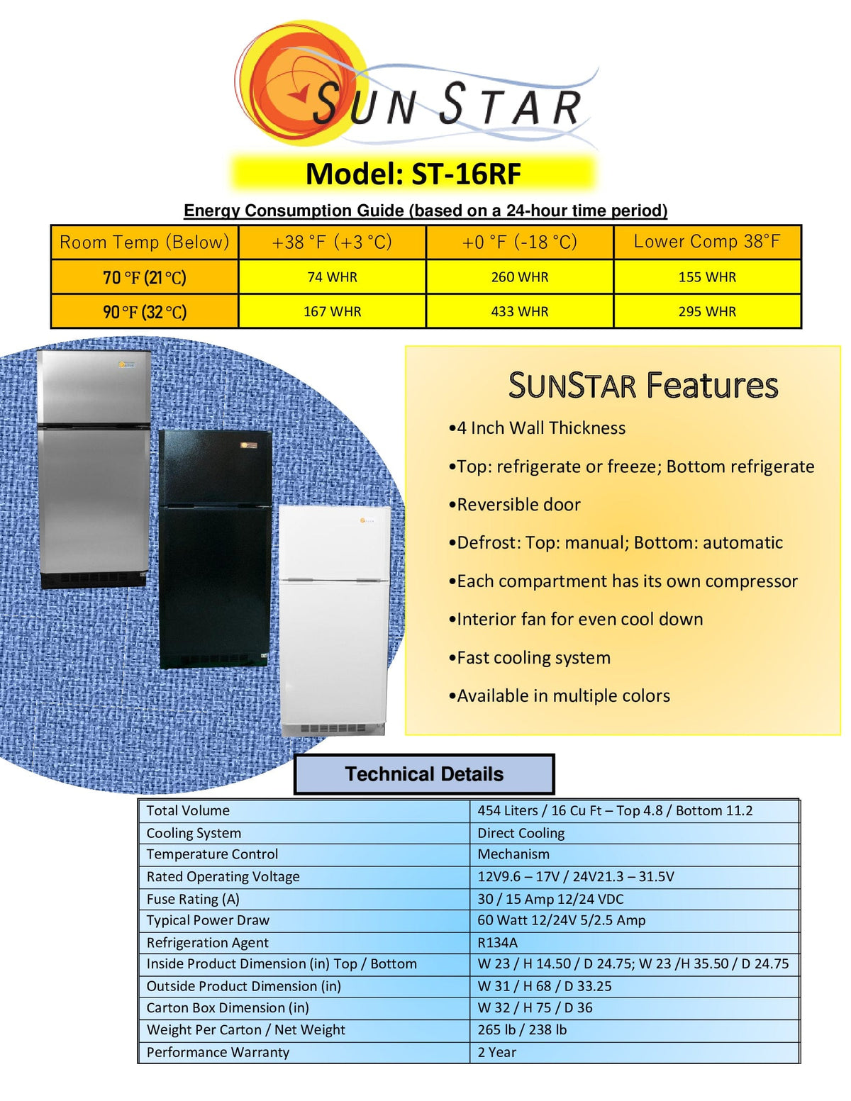 SunStar/SolarFreeze Solar Appliances Sunstar ST-16RFBSS 16 cu. ft. Low Voltage Solar DC Powered Refrigerator-Freezer in Black w Stainless Steel Doors