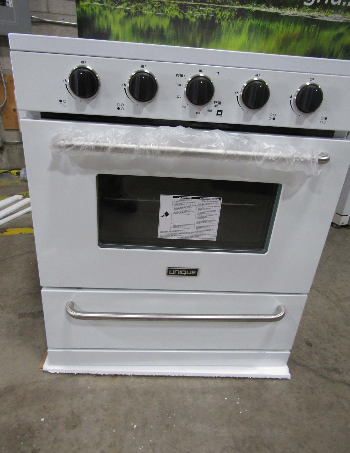 Unique Scratch and Dent or Pre-Owned Off-Grid Appliances New Scratch &amp; Dent Unique Classic 30&quot; Propane Range Battery Ignition Variable BTU Sealed Burners Cast Iron Grates With Window UGP-30G OF1 W (White) Serial #1017592 30% Off!